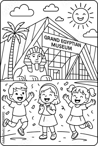 hand drawn vector illustration of Grand Egyptian Museum coloring page for kids