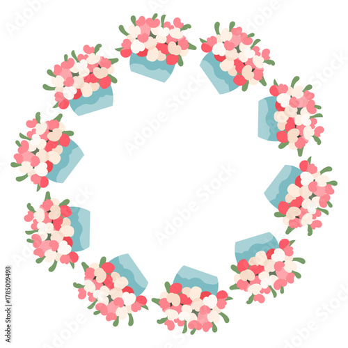 Vector round frame made of pink and white flower bouquets in blue vases, with space for text, perfect for wedding cards, floral packaging, invitations, spring posters and decoration