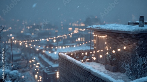 A snowy rooftop with a Christmas light display,