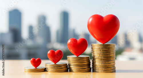 Concept of saving money for love and charity represented by red heart symbols on stacked coins