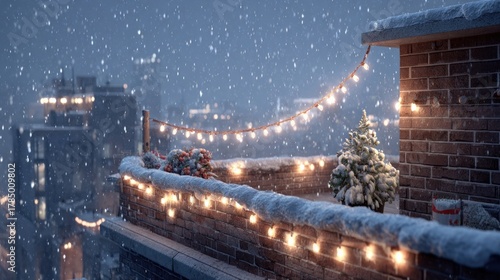 A snowy rooftop with a Christmas light,