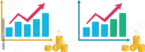 
Illustration of a financial growth chart with rising bar graphs, upward trend line, and stacks of golden coins symbolizing business success, profit increase, and economic progress. Perfect for invest