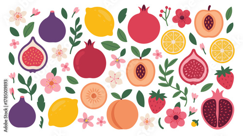 Assorted Fresh Fruits and Flowers Pattern Keywords: fruit, food, healthy, fresh, natural