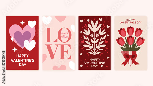 Four Valentine's Day Greeting Cards with Hearts and Flowers Keywords: valentine's day, love