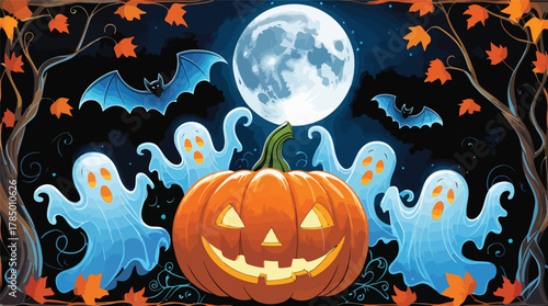 Halloween night background with pumpkins and spooky atmosphere