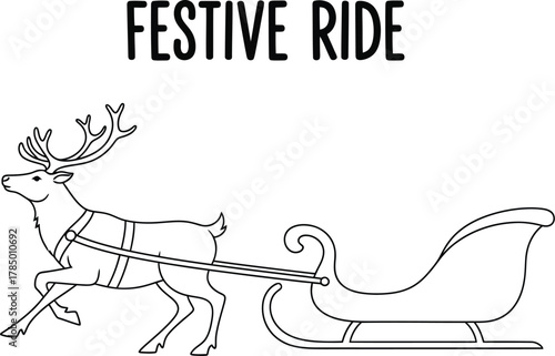 Festive reindeer pulling a sleigh in a minimalist black and white line drawing