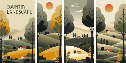 Stylized countryside landscape with rolling hills trees and houses under an autumn sky