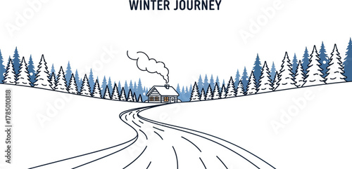 Snowy winter landscape with cabin and winding road leading to a cozy destination