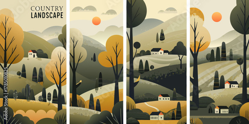 Stylized countryside landscape with rolling hills trees and houses in autumn palette