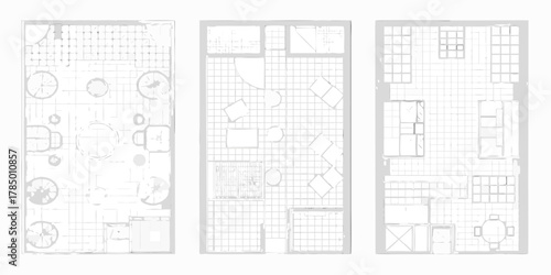 Minimalist architectural floor plans of three different interior spaces with furniture and layout designs