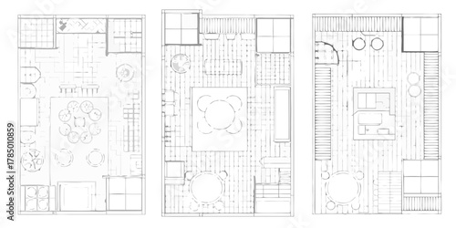 Top down architectural sketches of three distinct interior floor plans showing furniture layouts and room divisions