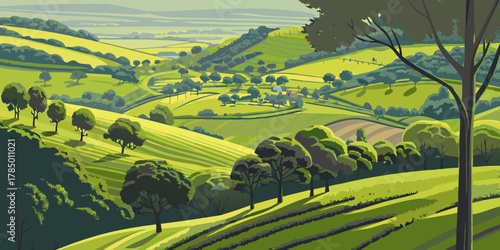 Stylized illustration of rolling green hills and valleys with trees and a distant farm under a hazy sky