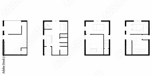 Simple hand drawn floor plans of a multi level house showing different room layouts