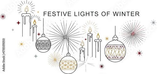 Festive winter holiday design with candles and ornaments on a white background