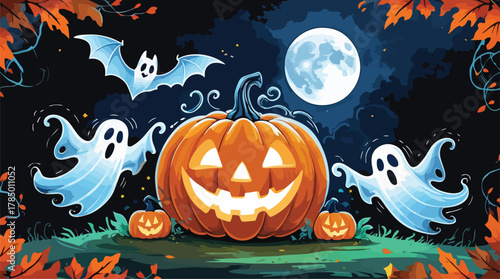 Halloween night background with pumpkins and spooky atmosphere