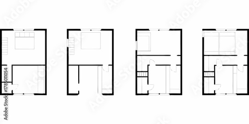 Collection of four minimalist floor plan layouts showcasing different interior designs and room arrangements
