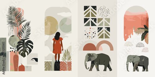 Abstract mid century modern collage with tropical leaves elephants and a woman in a red dress