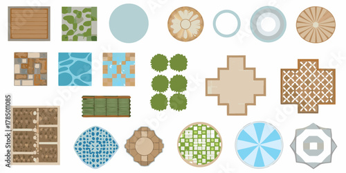 Collection of top down architectural and landscape design elements for garden and patio planning