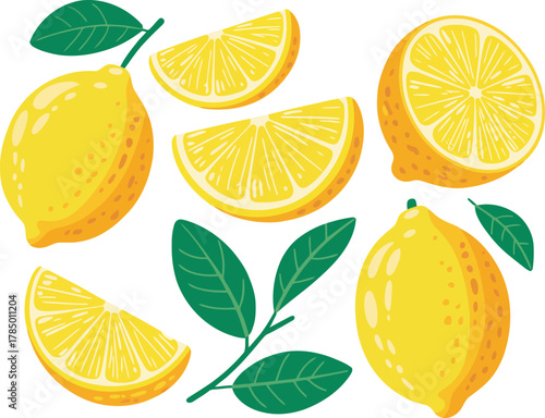 Fresh yellow lemons and slices with green leaves isolated on white background