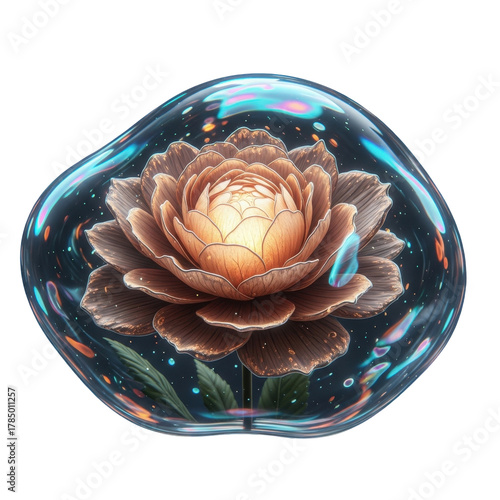 A captivating lotus flower encased in a shimmering bubble, radiating warmth and serenity isolated on transparent background