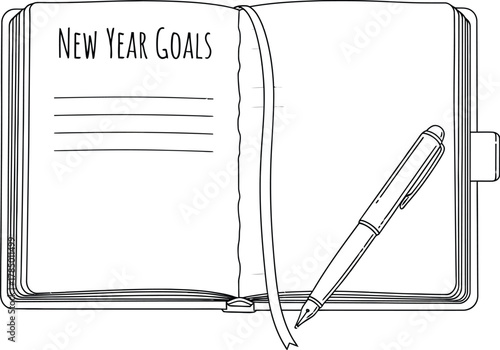 Open notebook with new year goals and pen ready for planning and resolutions