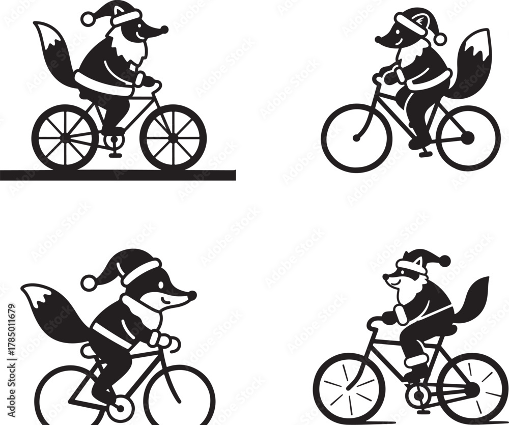 Obraz premium Festive Fox Cyclists A Collection of Christmas Animal on Bicycle Silhouette Illustrations and Vector Graphics