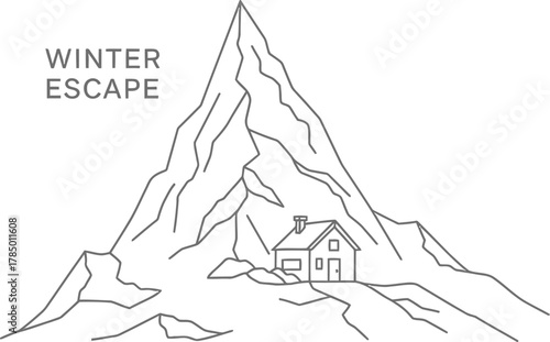 Minimalist line art of a winter cabin nestled in a mountain landscape scene