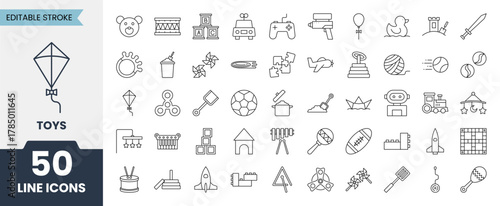 Toys line icons set with editable stroke. Icons related to children toys, teddy bear, train, doll, drum, ball, robot, slide, cub and more. Vector illustration