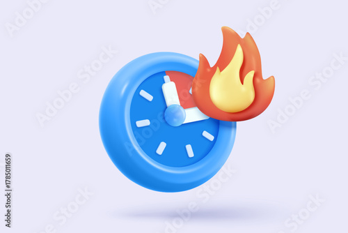 3D alarm clock icon signs with fire flame burning red hot colours. sparkle fire buttons simplicity for urgency notice reminder. 3d hour announce with exploding icon for time vector render illustration