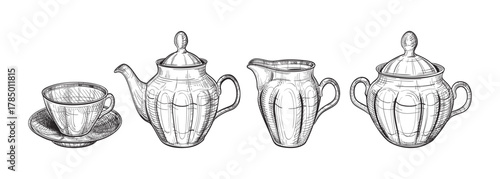 Tea service. Vector hand-drawn illustration of a teapot, cup, saucer, sugar bowl, milk jug in the style of engraving. Ceramic kitchen utensils. A black and white sketch isolated on a white background
