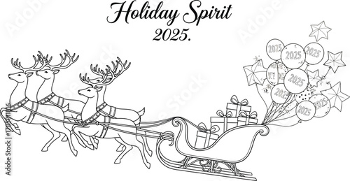 Holiday spirit 2025 with reindeer pulling a sleigh full of gifts and balloons
