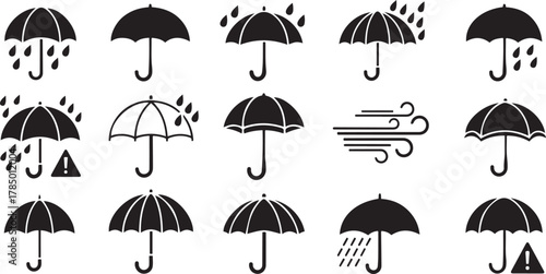 Collection of black and white umbrella icons with rain and wind symbols weather protection