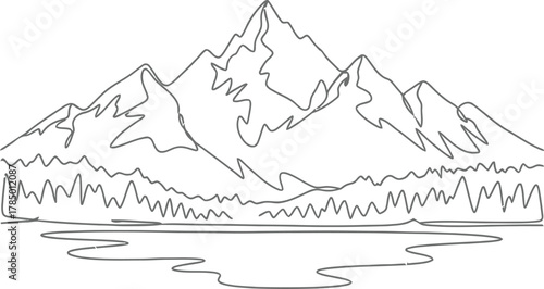 Line art of a mountain
Continuous single line drawing Mountain valley. Lake among the mountains. Trees on the bank of a reservoir. Linear design. One continuous line isolated minimalist illustration