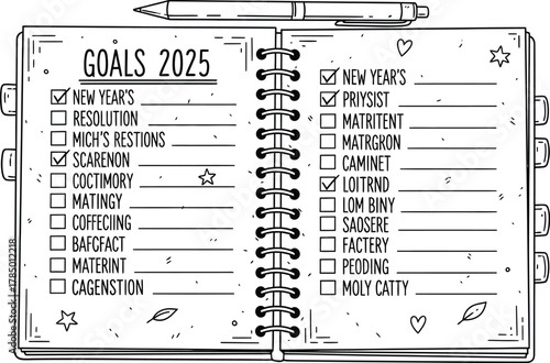 Open notebook showing goals for 2025 with a pen resting on top of it