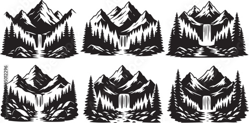 Set of six black and white mountain landscape illustrations with waterfalls and trees