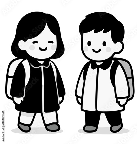 Vector kids with backpacks walking to school, cute monochrome style