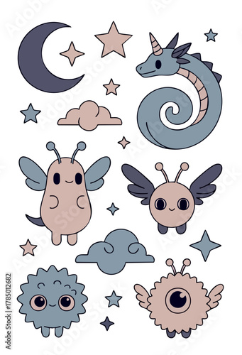Vector cute fantasy icons: moon, unicorn, dragon, fairies, monsters, clouds.