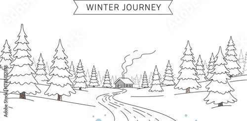 Winter landscape illustration with cabin and snow covered trees in a forest