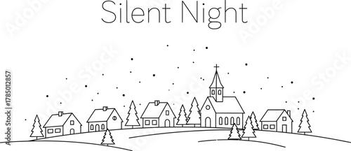 Minimalist christmas village illustration with church and houses in winter snow