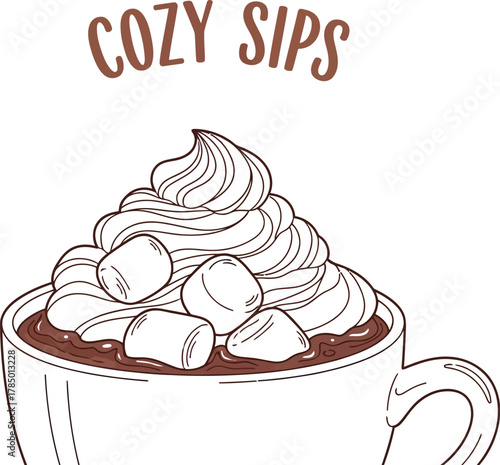 Steaming mug of hot chocolate with whipped cream and marshmallows for cozy sips