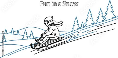 Child enjoys sledding down a snowy hill surrounded by pine trees on a winter day