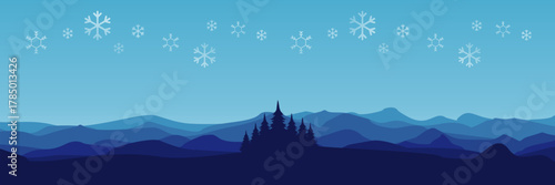 Wide screen vector illustration of a serene winter scene with a coniferous forest layered hills and falling snowflakes with copy space.