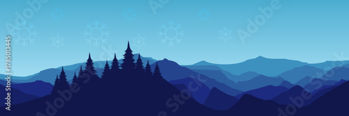 Peaceful winter nature scenery with layered blue mountains and falling snowflakes ideal for a presentation or web design.
