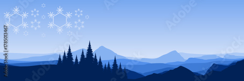 Panoramic winter vector landscape with a blue silhouette of a pine forest and layered mountains under a snowy sky.