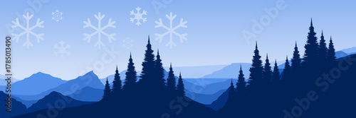 Serene vector illustration of a peaceful winter wilderness with falling snow ideal for a seasonal website banner or presentation.