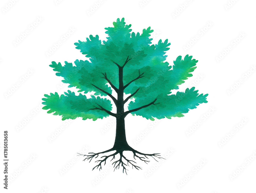 Obraz premium Watercolor tree with green leaves and visible roots, hand painted illustration, isolated on transparent background, evokes calm and natural beauty, perfect for nature themes