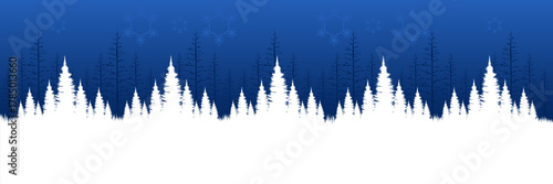 Minimalist flat design winter scene with a snow-covered ground fir tree silhouettes and ample blank space for a holiday greeting card.