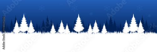 Clean and modern winter forest illustration with white snowfield perfect as a seasonal website header or presentation background.
