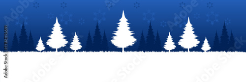 Panoramic winter vector background with white and blue silhouette pine trees falling snowflakes and a large snow copy space for text.
