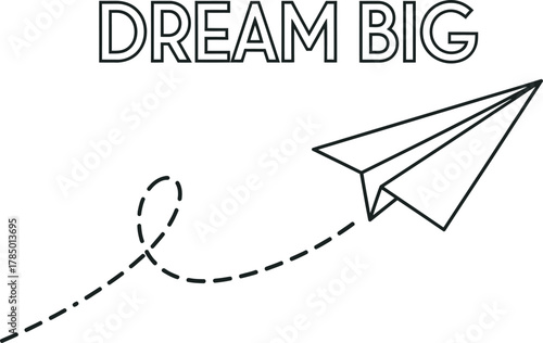 Dream big message with paper airplane on a blue background for inspiration